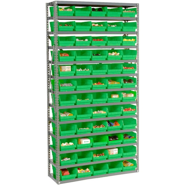 Global Industrial Steel Shelving with 60 4inH Plastic Shelf Bins Green, 36x12x72-13 Shelves 603440GN - main